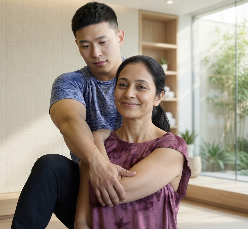 Practitioner assisting a member with an upper-back stretch in a sunlit studio